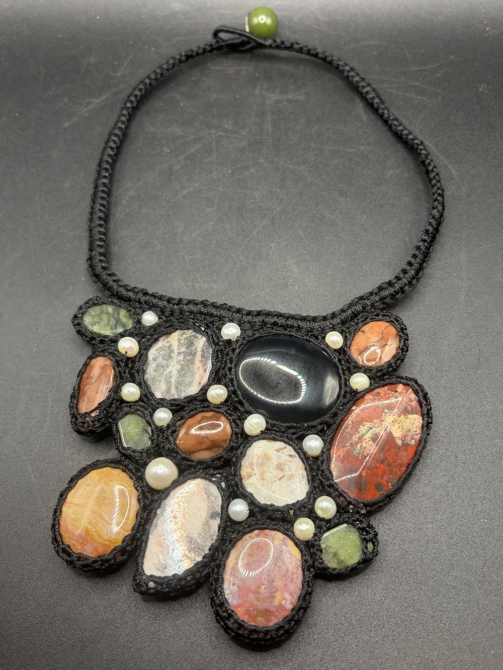 Handmade Crocheted Semi Precious Gemstone Pearl Bib Necklace Statement Jewelry